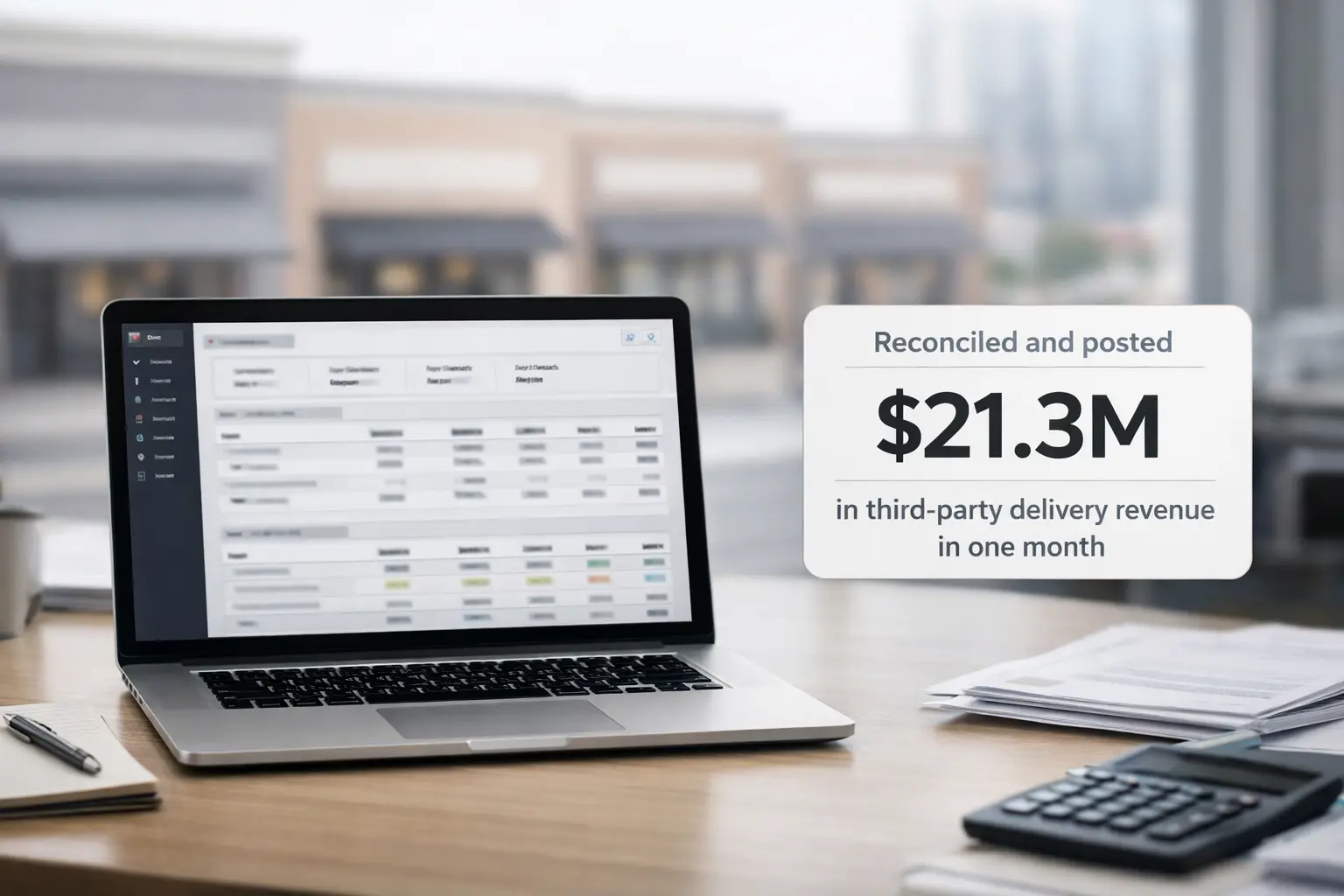 Dashboard showing third-party delivery payout reconciliation by location and provider